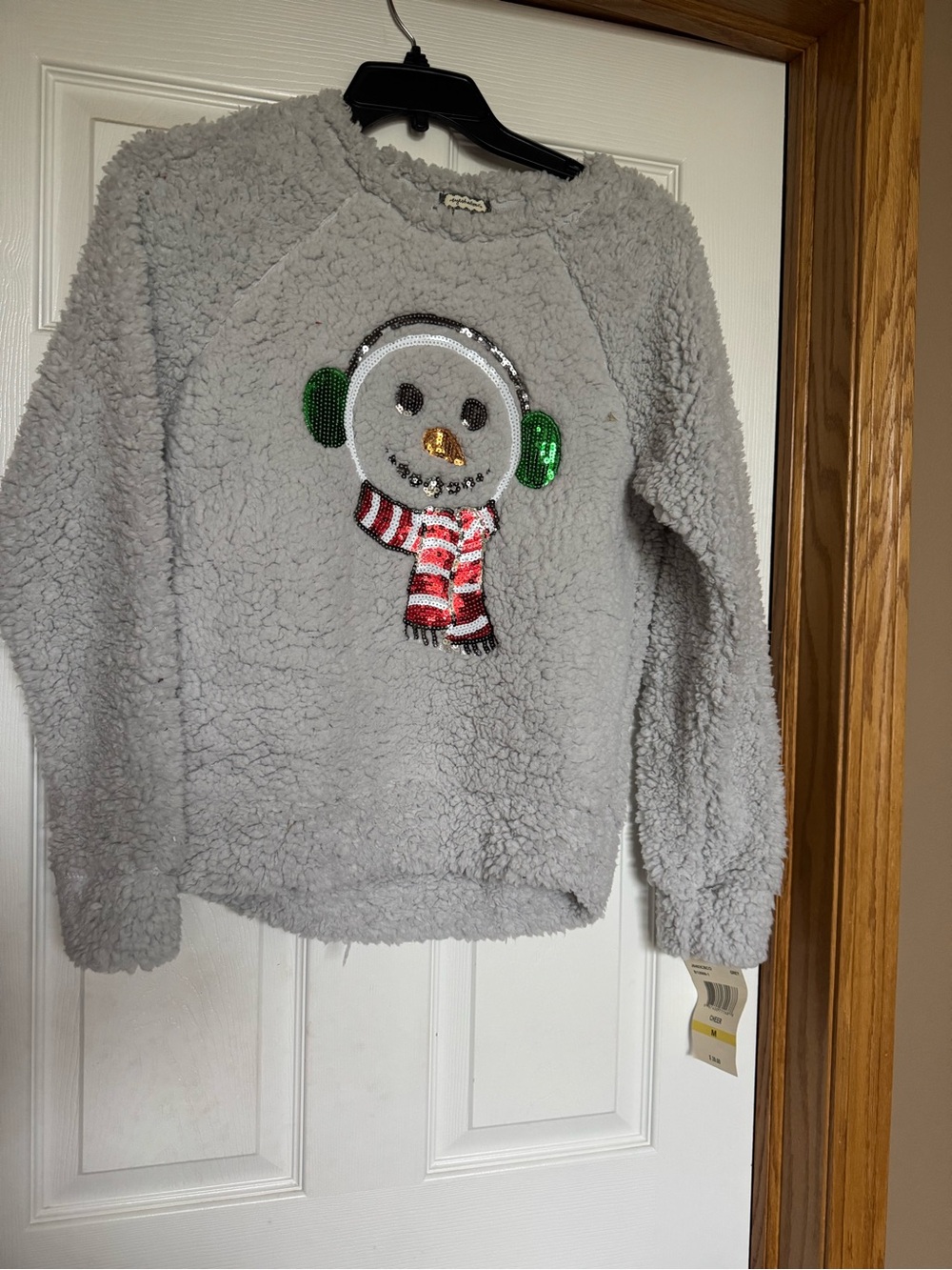 Cozy Gray Sherpa Sweater with Sequin Snowman